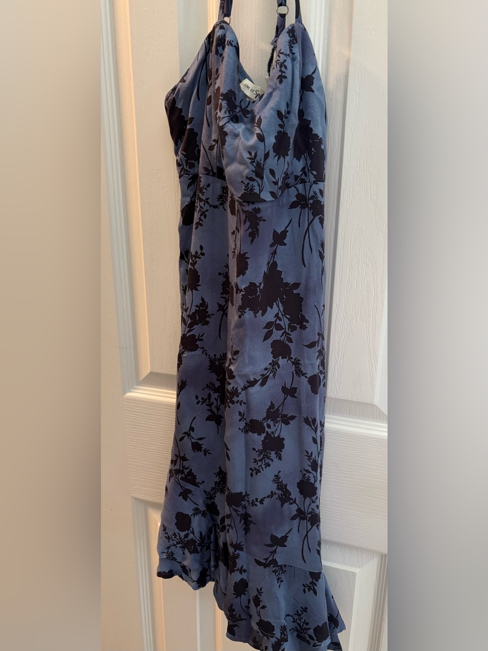 NWT Soft Cottagecore Asymmetric Dress in Navy w/ Black Flower Details - Picture 2 of 4